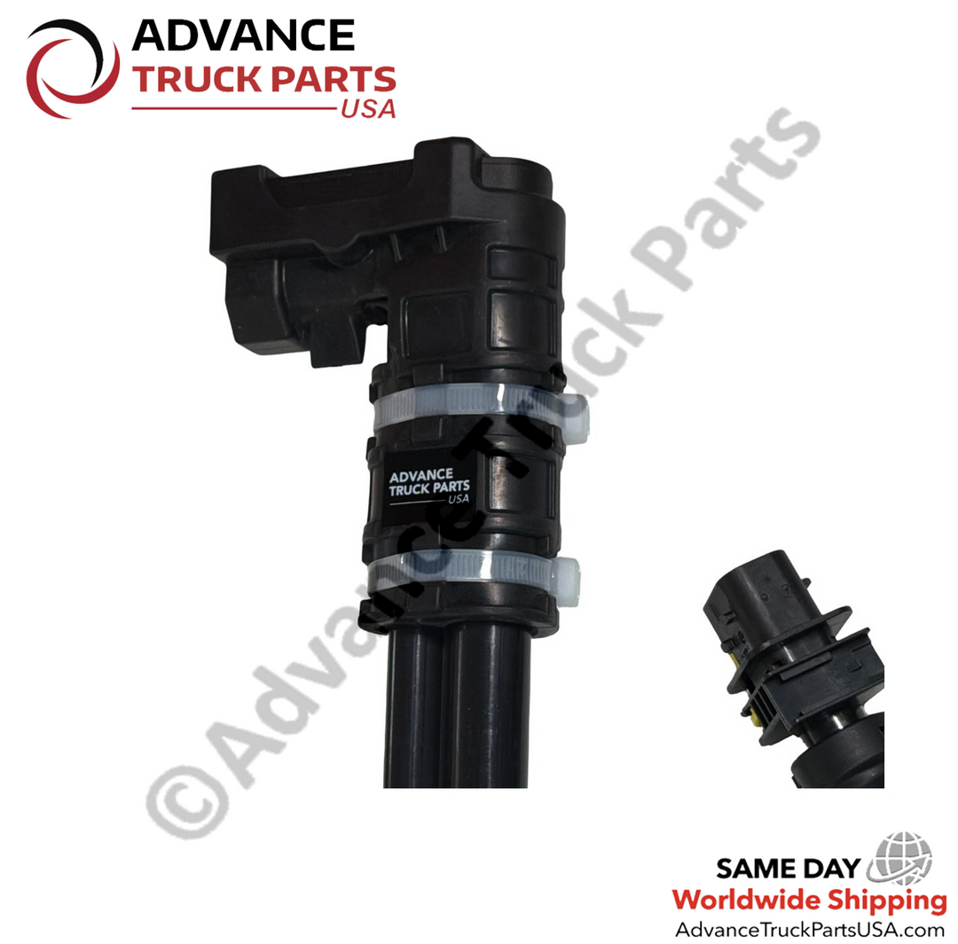 Advance Truck Parts USA branded studio top close-up perspective focusing on the mounting header and electrical connector of the heavy-duty DEF level sensor for Paccar MX13 engines