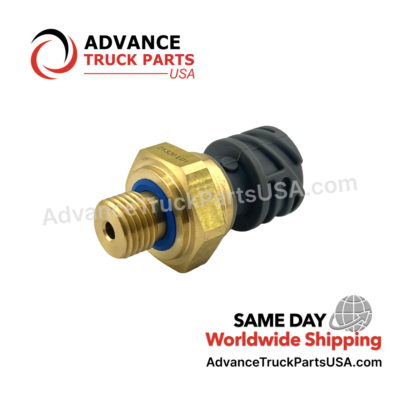Advance Truck Parts USA Paccar oil pressure sensor displaying an angled studio view of the hex body and connector housing