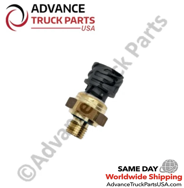 Advance Truck Parts USA Paccar oil pressure sensor displaying an angled studio perspective of the sensor assembly on a branded background