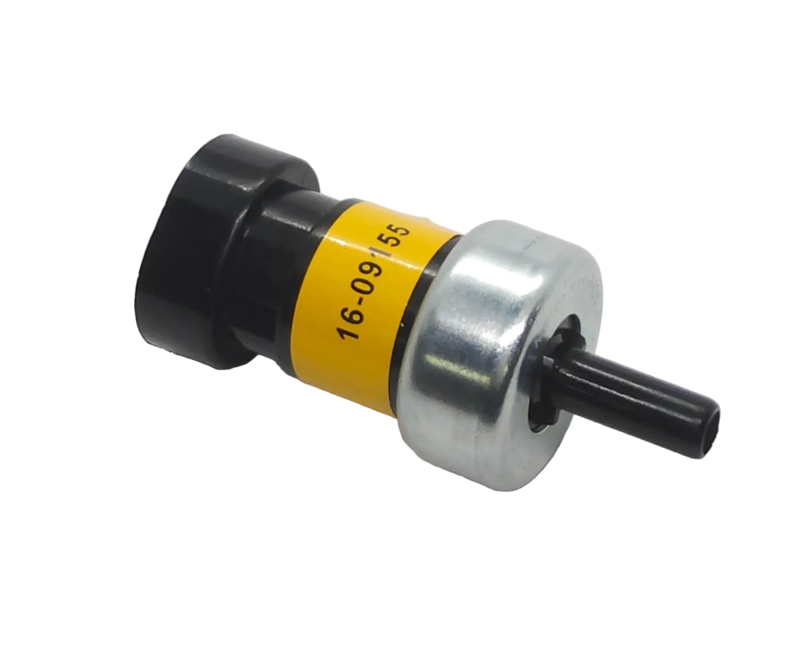 Advance Truck Parts USA Peterbilt 16-09155 low air pressure switch featuring a yellow label, metallic housing, and black extension port on a plain background