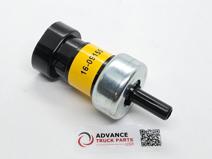 Advance Truck Parts USA studio alternative angle view of the Peterbilt low air pressure switch with part number marking on the yellow band