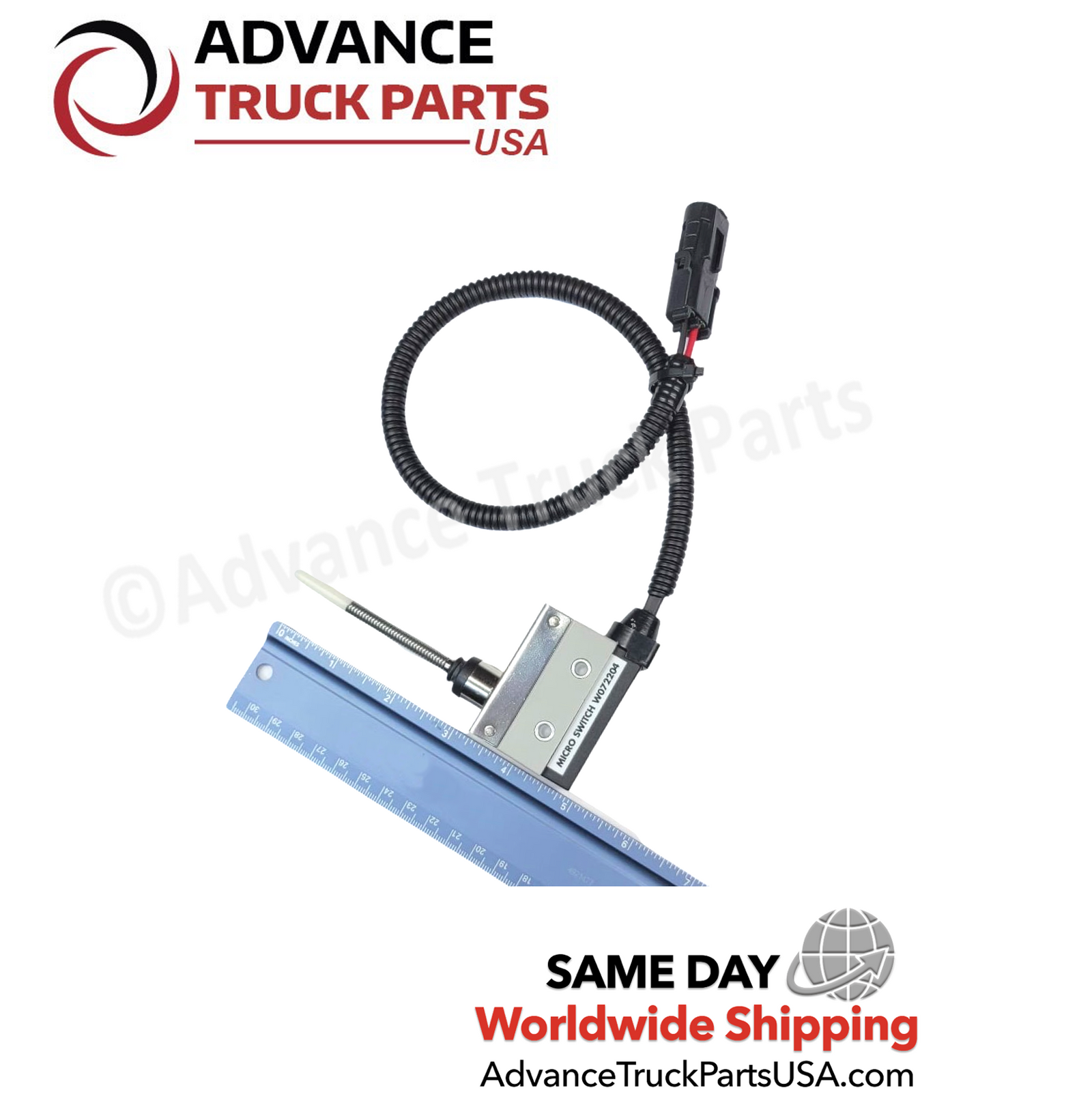 Advance Truck Parts USA branded studio view of the Peterbilt clutch switch measured against a blue ruler