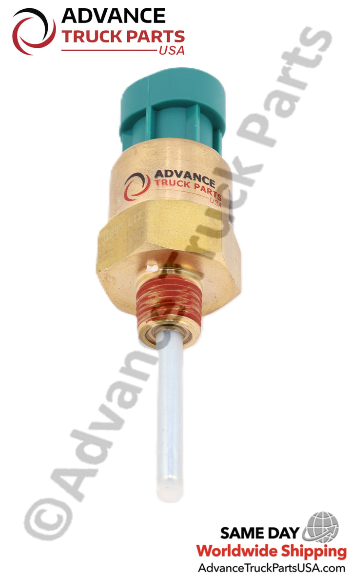 Advance Truck Parts USA branded studio angled top down perspective showcasing the brass body, red thread sealant, and metal probe of the heavy-duty engine coolant level sensor for Peterbilt and Kenworth commercial trucks