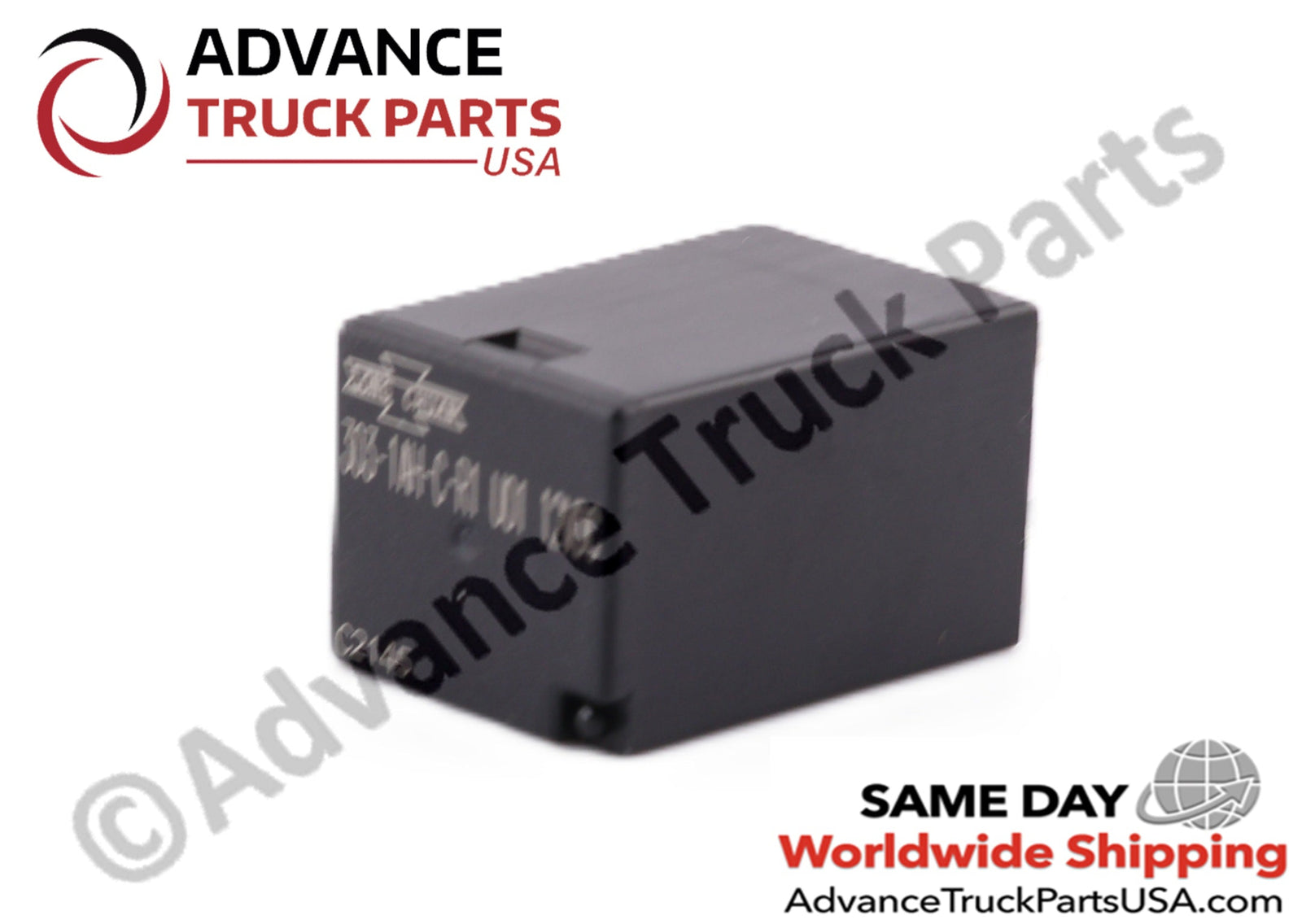 Advance Truck Parts USA branded studio top left angled perspective of the heavy-duty cooling fan relay highlighting the manufacturer logo on the black housing for Polaris vehicles