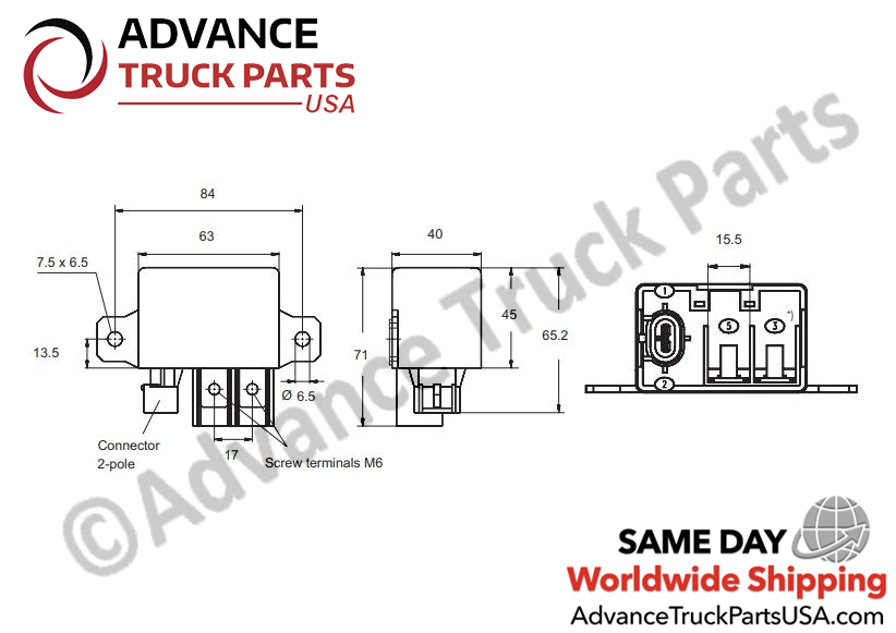 Advance Truck Parts USA branded technical schematic diagram displaying the physical dimensions in millimeters, mounting hole spacing, 2-pole connector location, and M6 screw terminal layout of the heavy-duty power relay