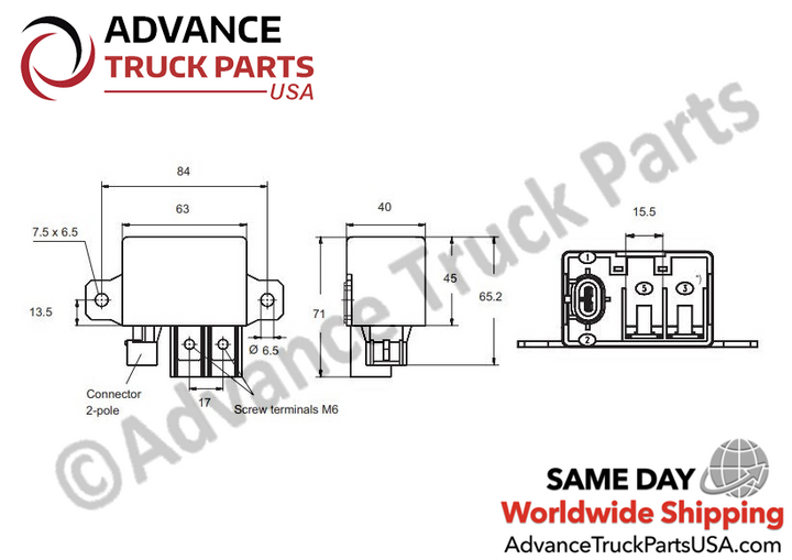 Advance Truck Parts USA branded technical schematic diagram displaying the physical dimensions in millimeters, mounting hole spacing, 2-pole connector location, and M6 screw terminal layout of the heavy-duty power relay