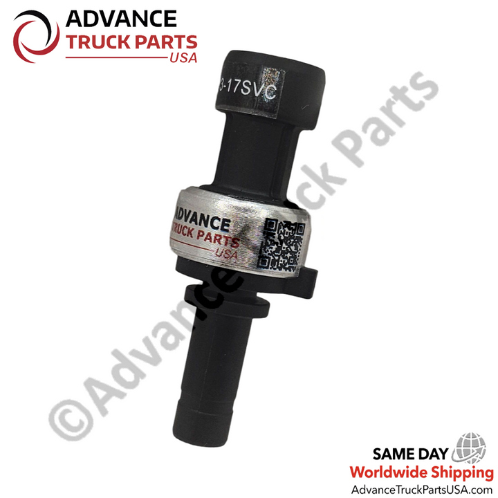 Advance Truck Parts USA air pressure switch displaying an angled perspective with a QR code label on the metallic collar and the quick-connect stem