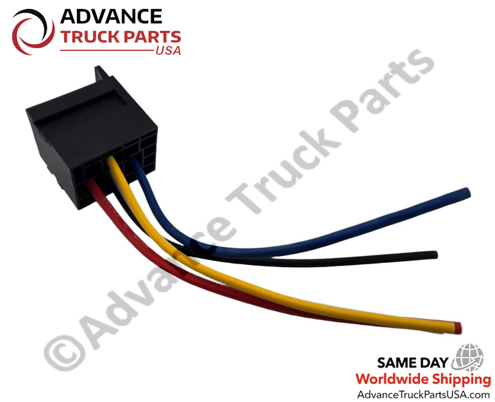 Advance Truck Parts USA relay female socket showcasing an angled studio view of the wiring harness exits on a branded background