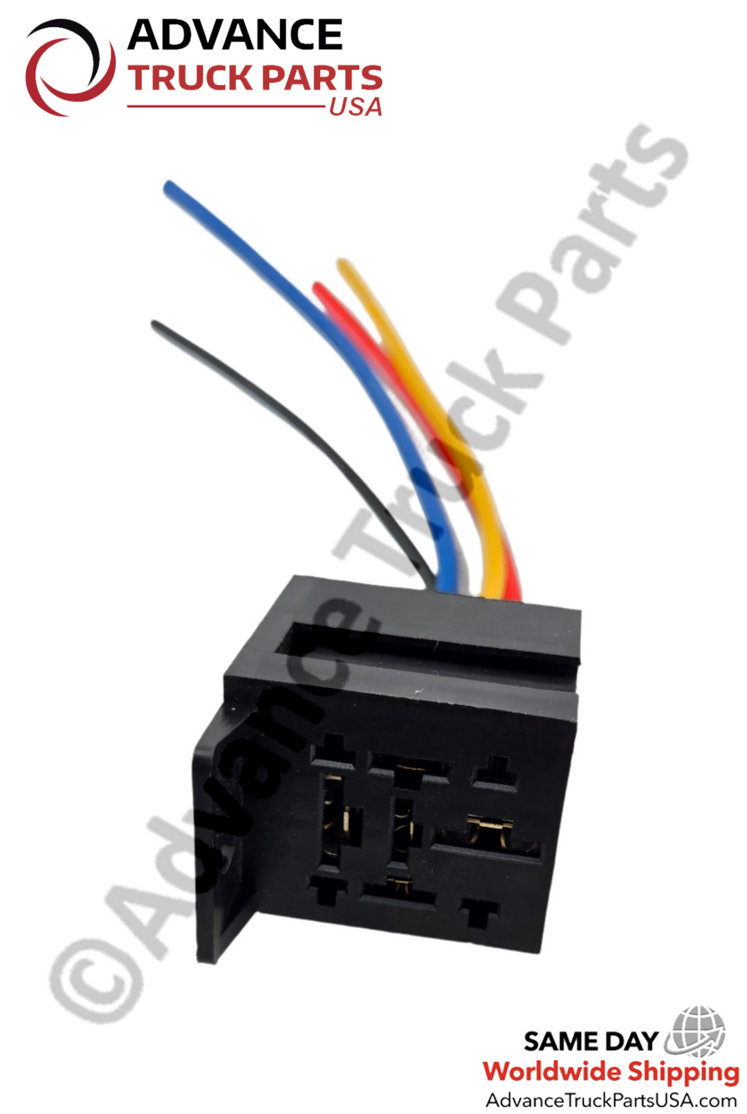 Advance Truck Parts USA relay socket displaying a frontal studio perspective highlighting the internal metal terminal receptacles on a branded background