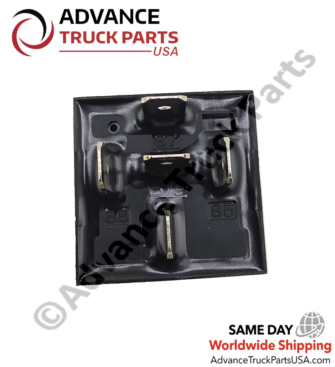 Advance Truck Parts USA Close-up of terminal blades and pin markings (30, 85, 86, 87, 87a) on the ATP 24V relay