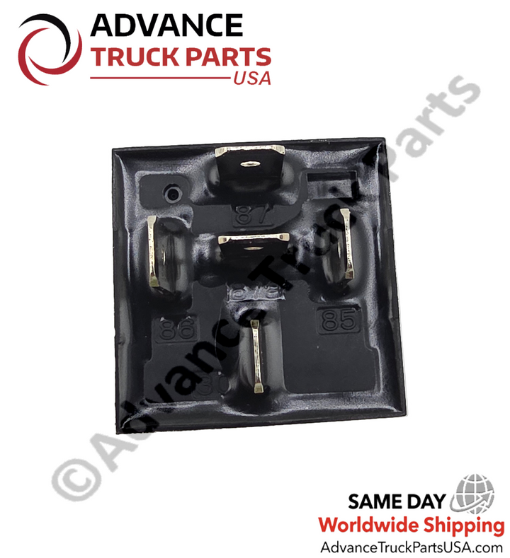 Advance Truck Parts USA Close-up of terminal blades and pin markings (30, 85, 86, 87, 87a) on the ATP 24V relay