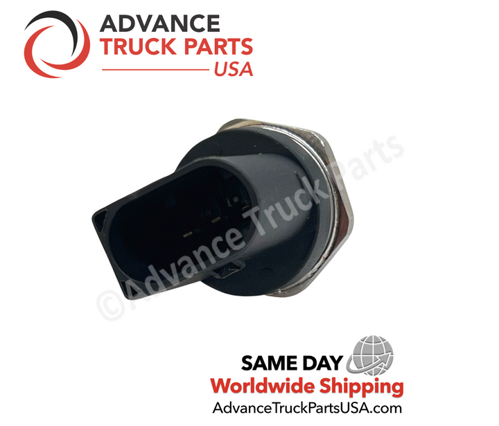 Advance Truck Parts USA branded studio close-up view highlighting the 3-pin oval connector face of the pressure sensor