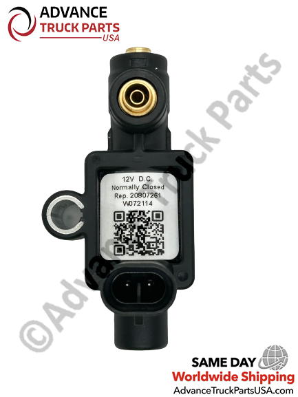 Advance Truck Parts USA branded studio top-down view highlighting the 2-pin electrical connector and specification label of the fan clutch valve