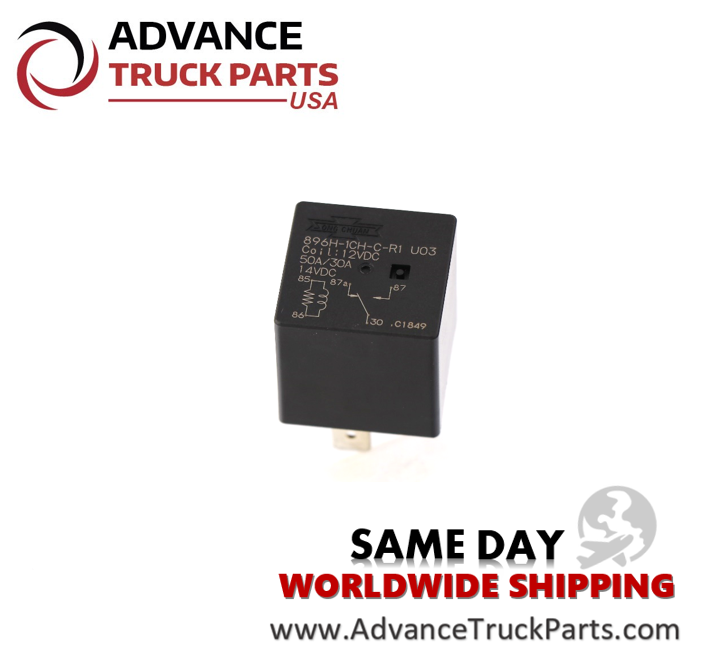 Advance Truck Parts USA studio top angled perspective displaying the printed 12VDC 50A specifications and 1 Form C wiring schematic on the face of the automotive relay