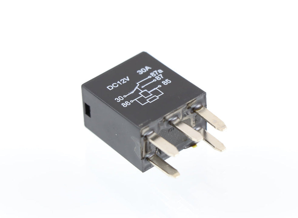 Advance Truck Parts USA Song Chuan 301-1C-C-R1-U01-12VDC micro relay with resistor featuring 5 terminal pins and a top-printed wiring schematic on a plain background