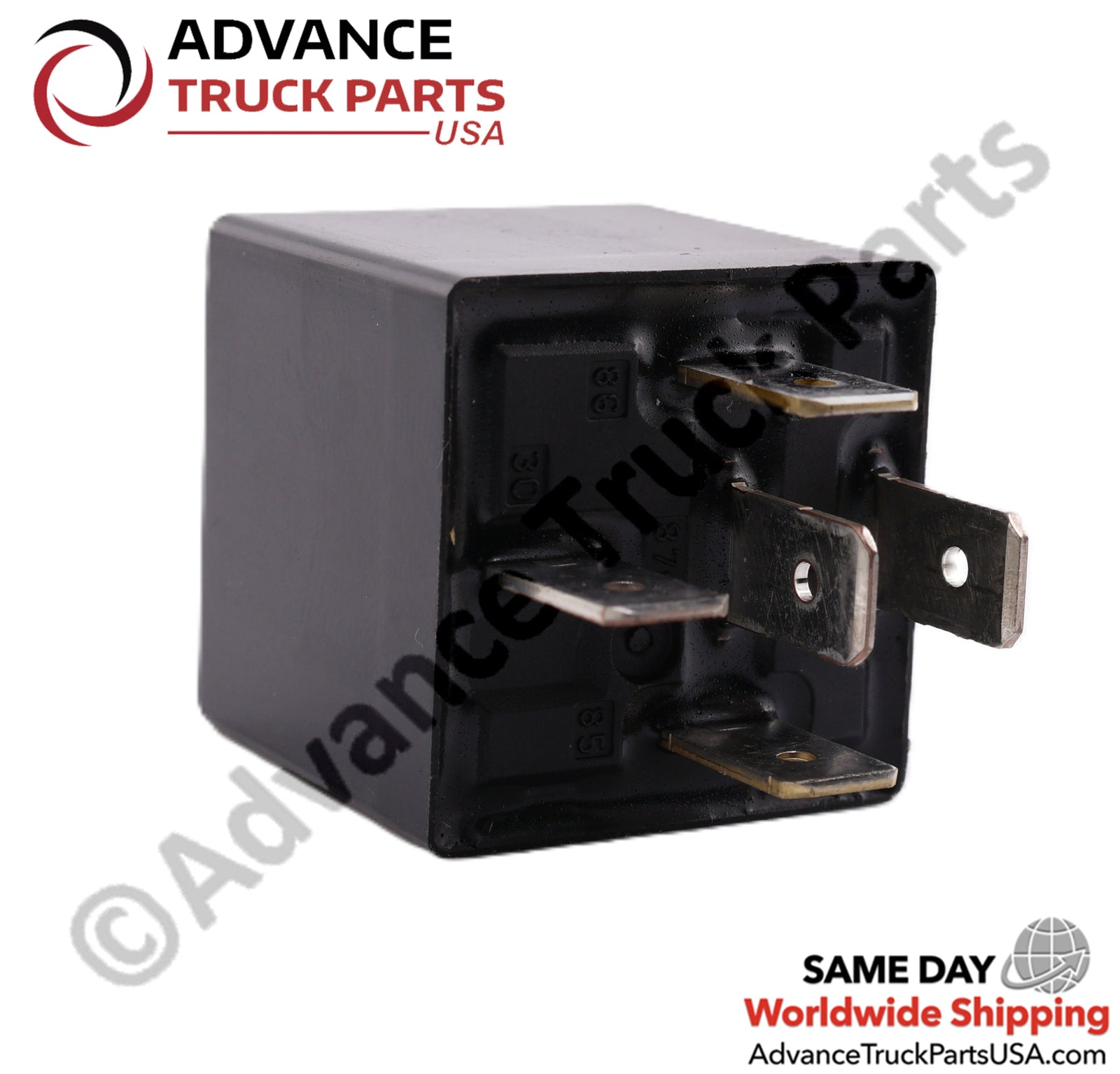 Advance Truck Parts USA branded studio angled bottom perspective showcasing the five quick connect terminal pins of the heavy-duty 12V automotive relay