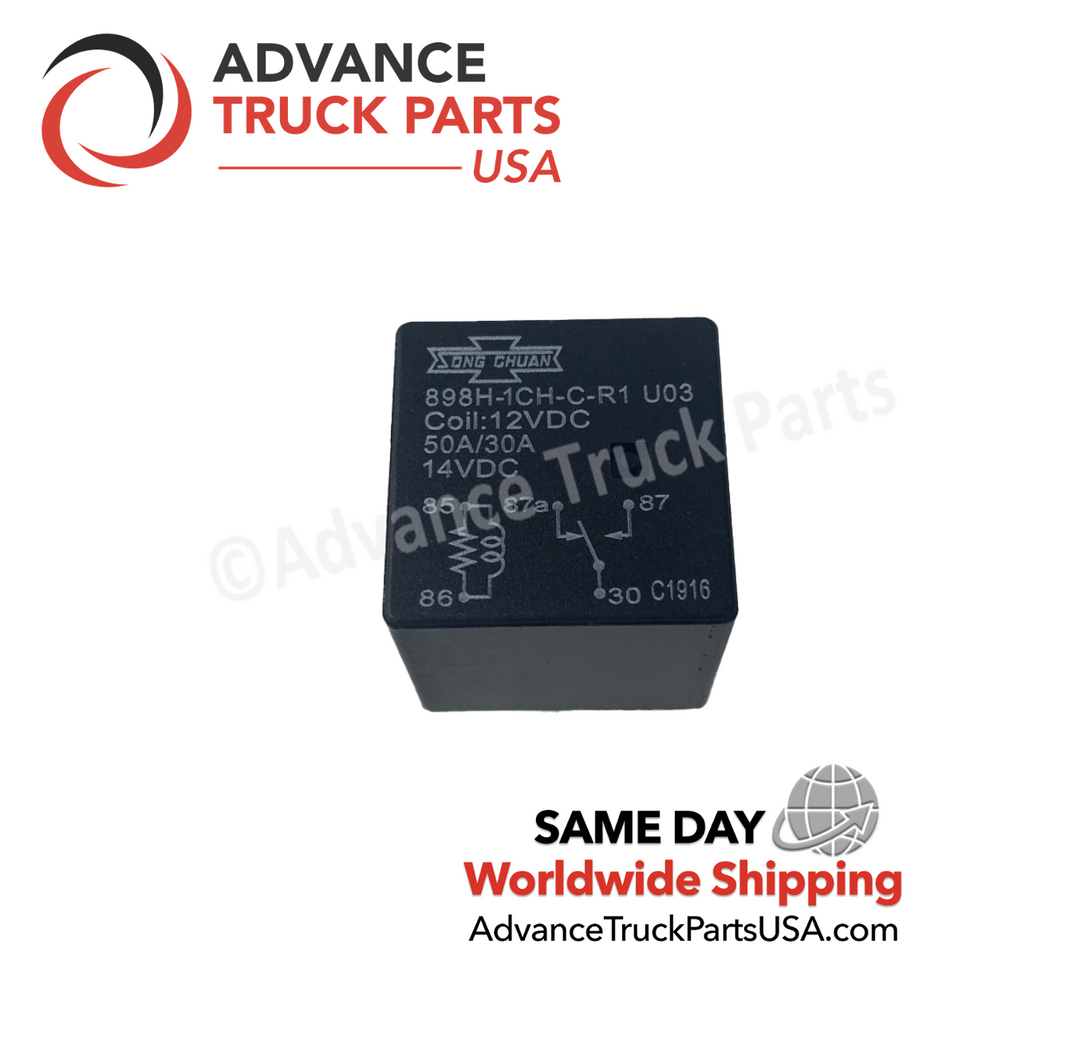Advance Truck Parts USA Song Chuan automotive relay displaying a clean top-down view of the wiring schematic and specifications housing
