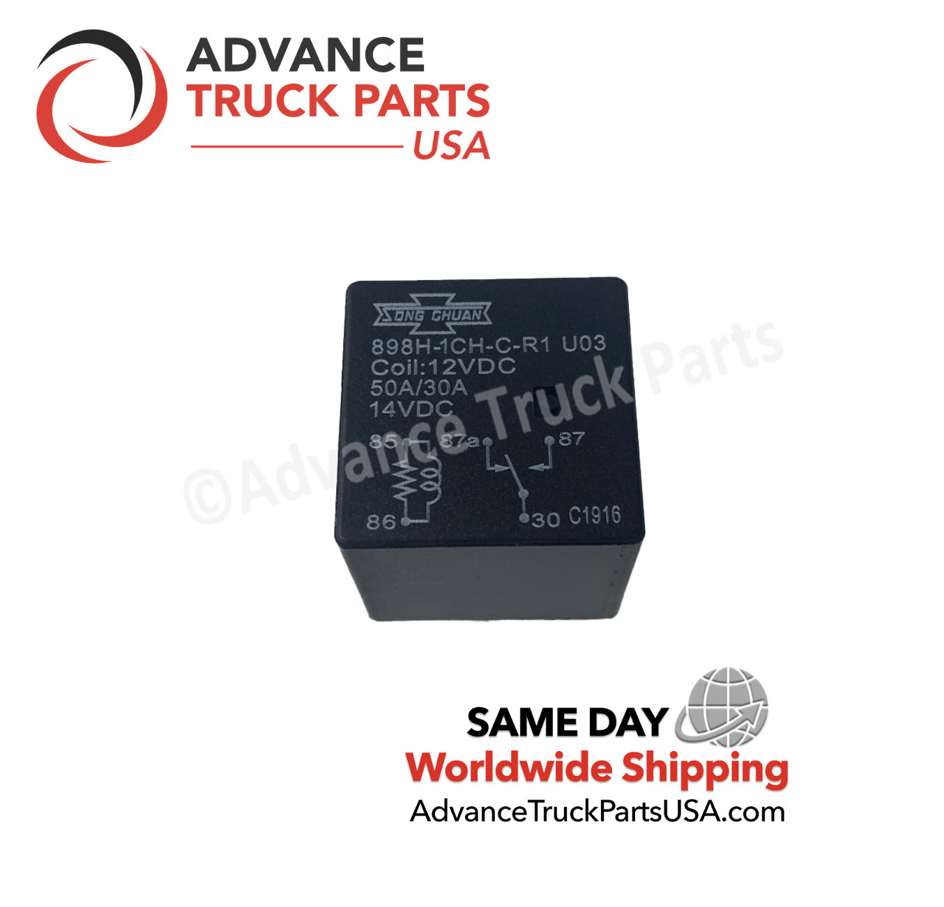 Advance Truck Parts USA Song Chuan automotive relay displaying a clean top-down view of the wiring schematic and specifications housing