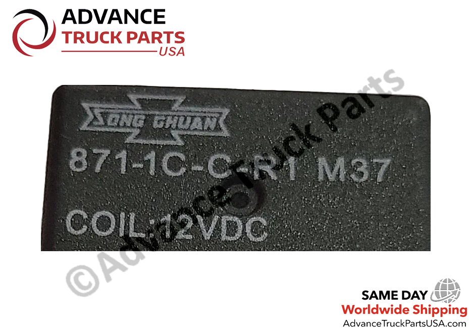 Advance Truck Parts USA micro relay housing top profile displaying Song Chuan 871-1C-C-R1 M37 and COIL: 12VDC markings