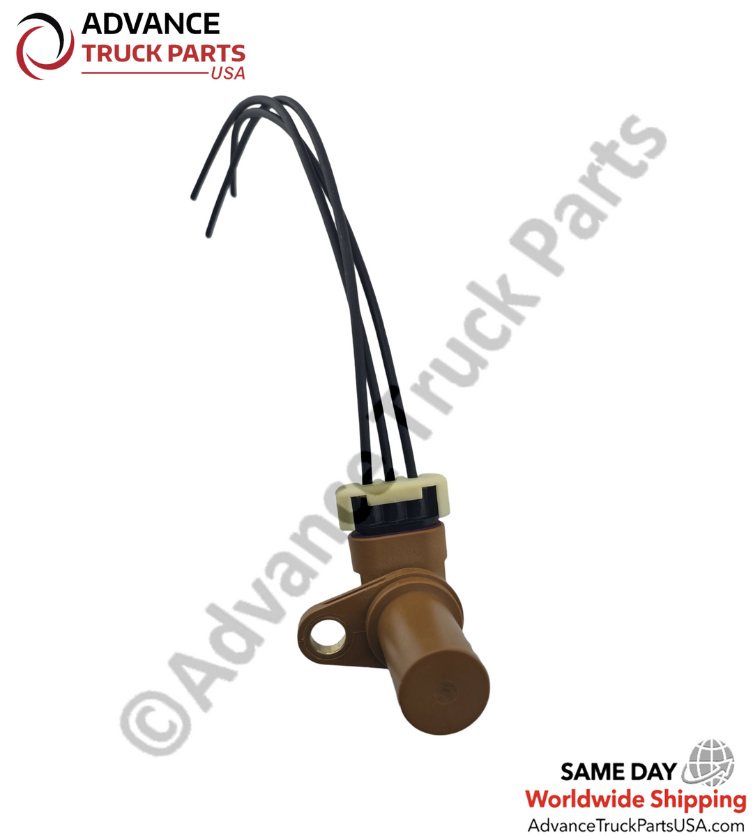 Advance Truck Parts USA branded studio close-up view showcasing the 3-pin electrical connector plug and wire leads of the commercial vehicle speed sensor