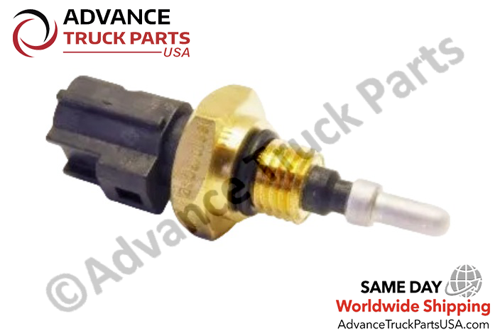 Advance Truck Parts studio perspective showcasing the replacement temperature sensor highlighting the black electrical connector and threaded mounting base for commercial vehicles