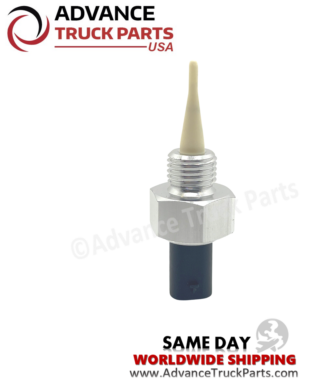 Advance Truck Parts USA branded studio vertical perspective highlighting the upright orientation of the DD15 engine temperature sensor showing the threaded fitting and top probe element