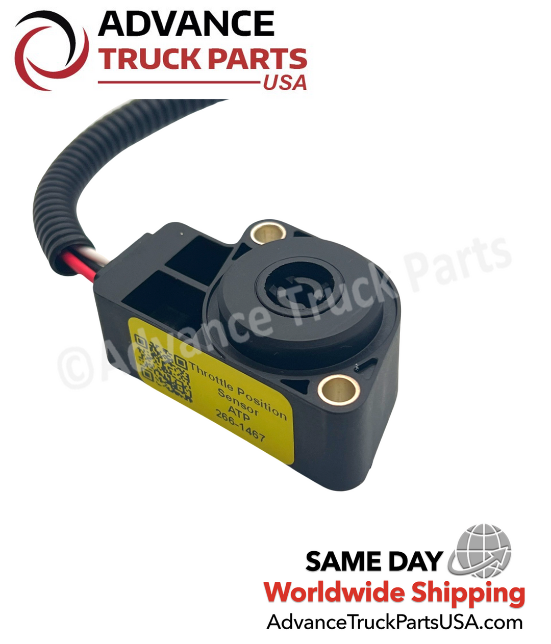 266-1467 ATP throttle position sensor showing a close-up studio perspective focusing on the mounting screw eyelets and product label on a branded background