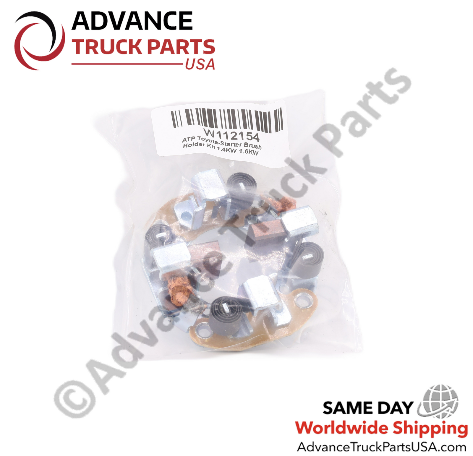 Advance Truck Parts USA branded studio top-down perspective showcasing the complete 1.4kW starter repair kit components including the plunger, 13-tooth pinion gear, brush holder assembly, copper contacts, mounting hardware, and gasket on a plain white background