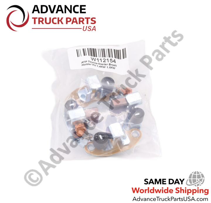 Advance Truck Parts USA branded studio top-down perspective showcasing the complete 1.4kW starter repair kit components including the plunger, 13-tooth pinion gear, brush holder assembly, copper contacts, mounting hardware, and gasket on a plain white background