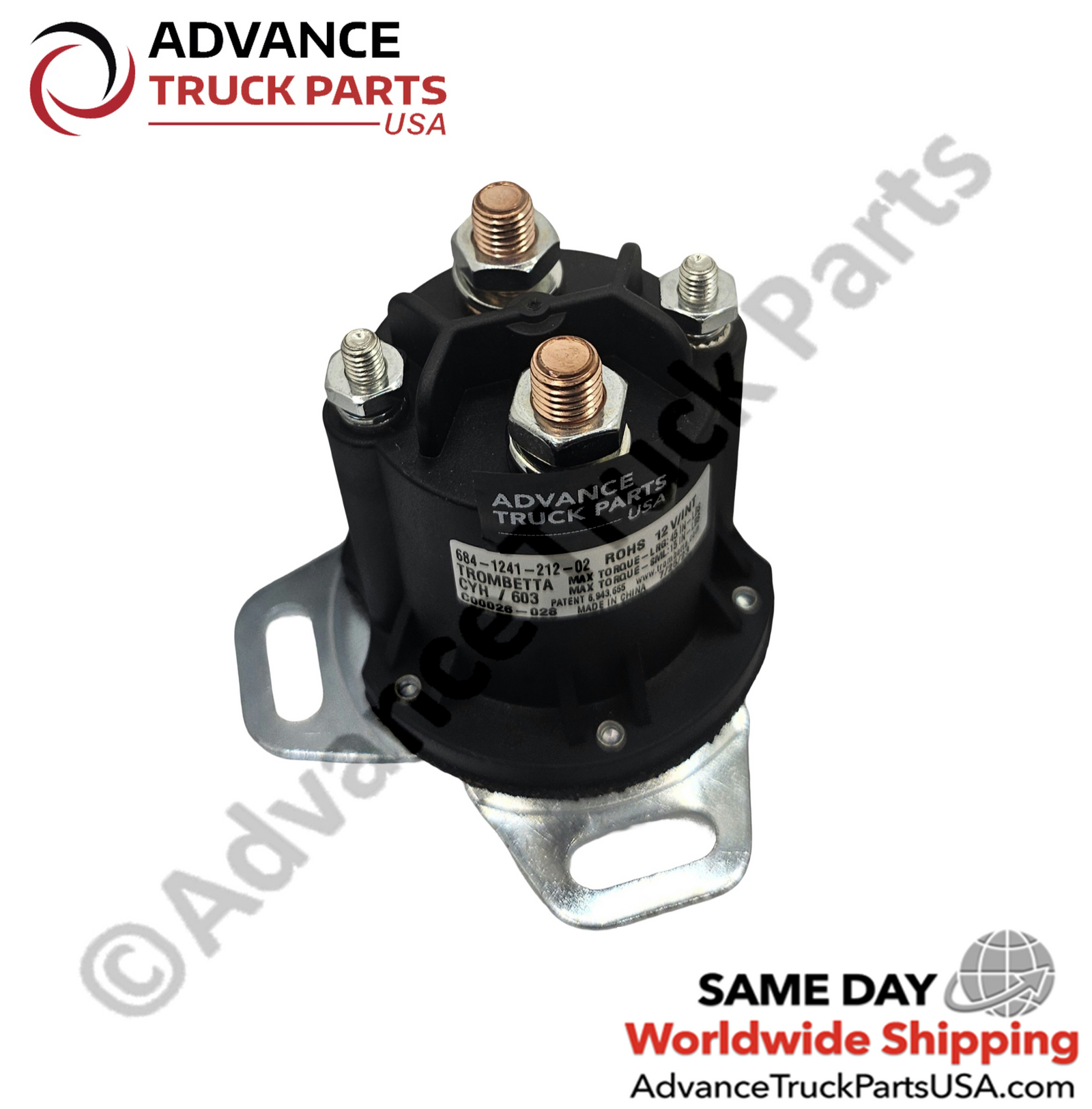 Advance Truck Parts USA Trombetta 12V intermittent 150-amp relay featuring 4 terminals and a 90-degree mounting bracket on a branded studio background