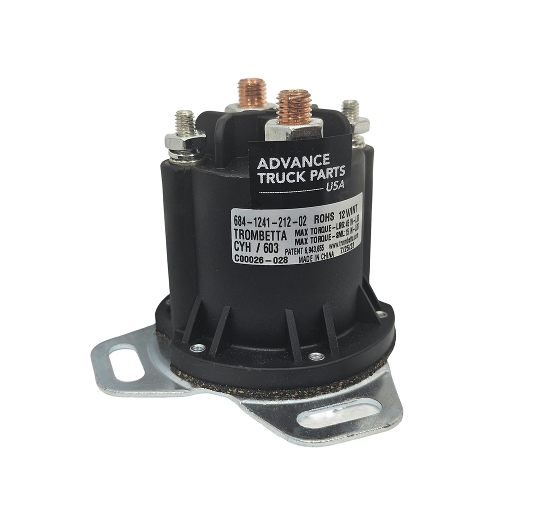 Advance Truck Parts USA branded studio alternative angle view of the 684-1241-212 Trombetta 12V 150-amp intermittent relay with mounting bracket