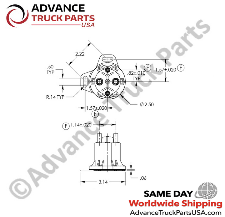 Advance Truck Parts USA technical schematic drawing displaying the precise dimensions and measurements of the Trombetta relay