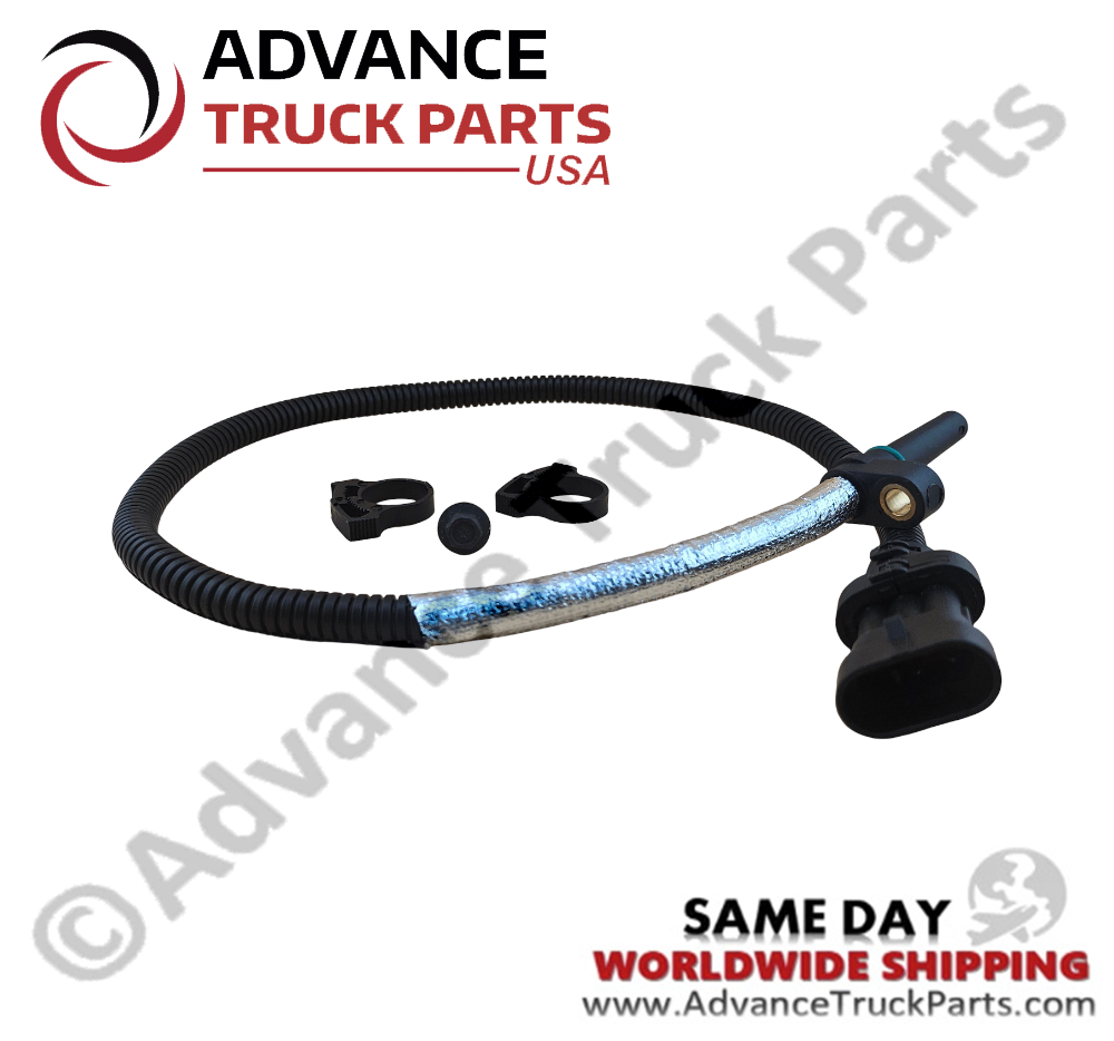 Advance Truck Parts USA branded studio full kit layout showcasing the speed sensor, cable loom, screw, and clips for Cummins engines