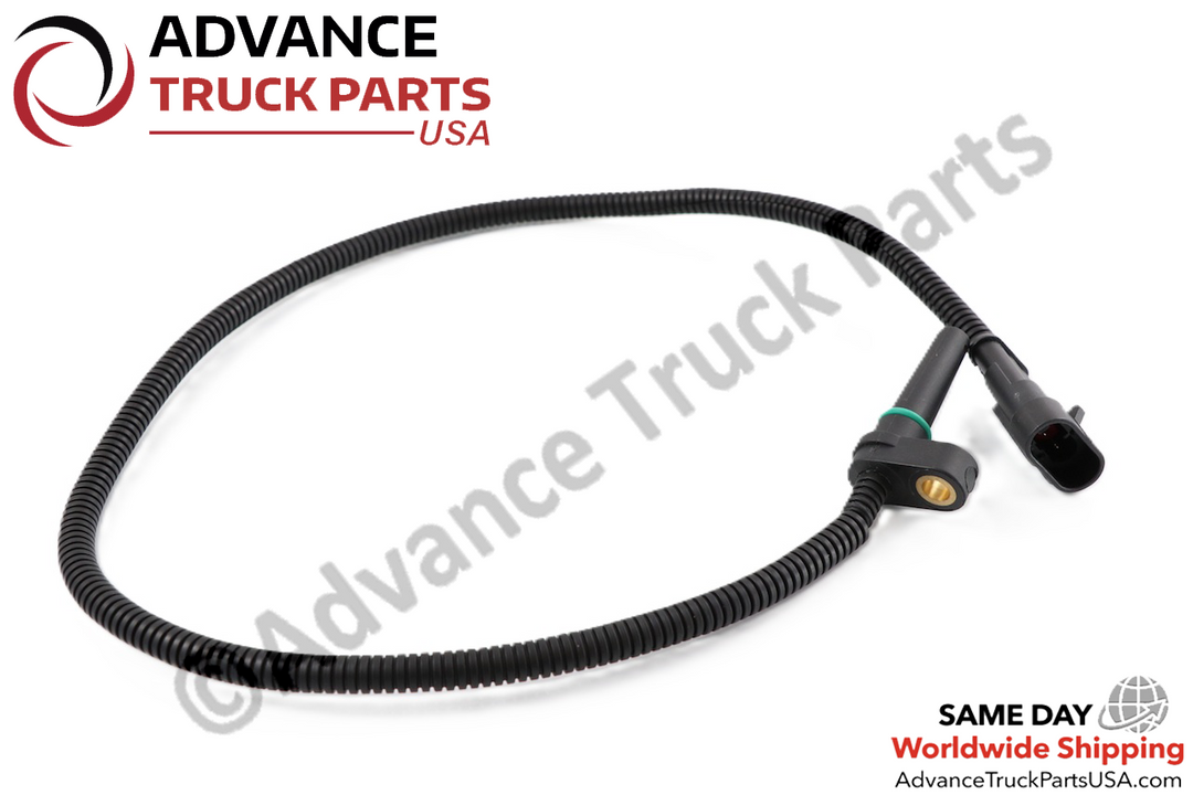 Advance Truck Parts USA Cummins ISX turbo speed sensor kit displaying an overhead studio layout of the coiled wire loom and sensor head