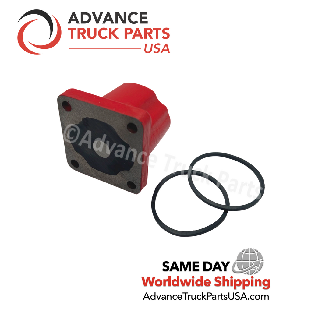 Advance Truck Parts USA Cummins fuel shut off solenoid valve showing a bottom studio view of the gasket mating surface and O-rings on a branded background