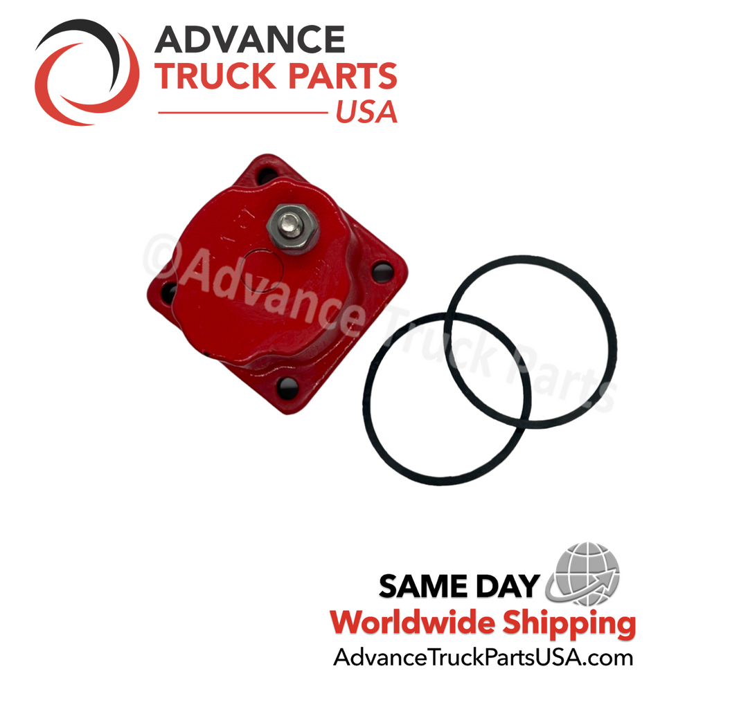 Advance Truck Parts USA fuel stop solenoid valve showcasing an overhead angled studio perspective of the terminal stud and mounting bolt holes on a branded background