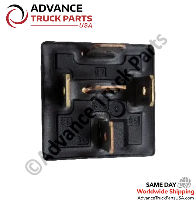 Advance Truck Parts USA Song Chuan 12VDC relay bottom view showing the treated tin-plated quick-connect terminal pins and pin numbering layout