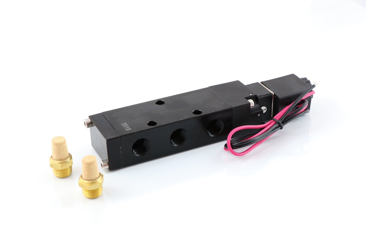Advance Truck Parts USA Velvac 320178 320131 12V 4-way tailgate locking air solenoid valve with exhaust mufflers on a plain background
