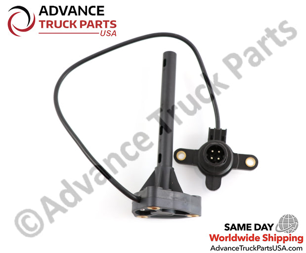 Advance Truck Parts USA branded studio top down perspective showcasing the long black probe, mounting base, cable, and 4-pin connector of the heavy-duty oil level and temperature sensor for Volvo, Mack, and Renault commercial trucks