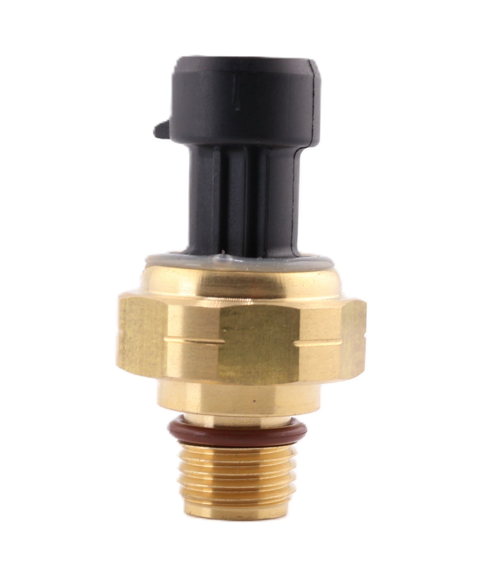 Advance Truck Parts USA W021124 N14 turbo boost sensor for Cummins trucks featuring a brass threaded base with O-ring and a black connector housing on a plain background