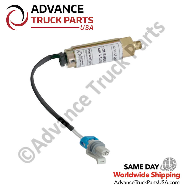 Advance Truck Parts USA Angled view showing the brass body and ports of the W072014 air solenoid valve