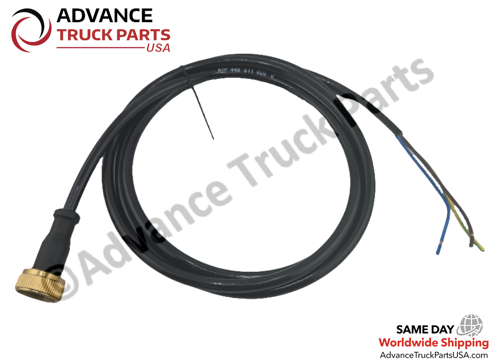 Advance Truck Parts USA Wabco 3 meter ABS solenoid cable displaying a top-down view of the coiled black harness, the 3-pin gold threaded connector, and three exposed multi-colored wire leads