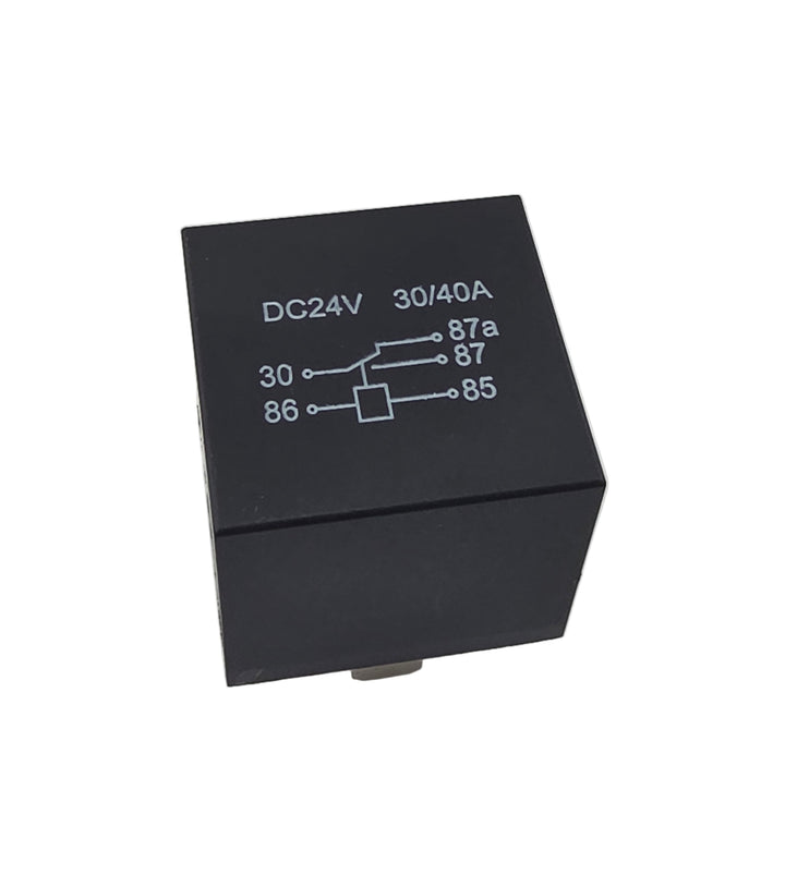 Advance Truck Parts USA WR51034 24V 30/40A 5-pin changeover relay showing printed wiring diagram and top housing details WR51034