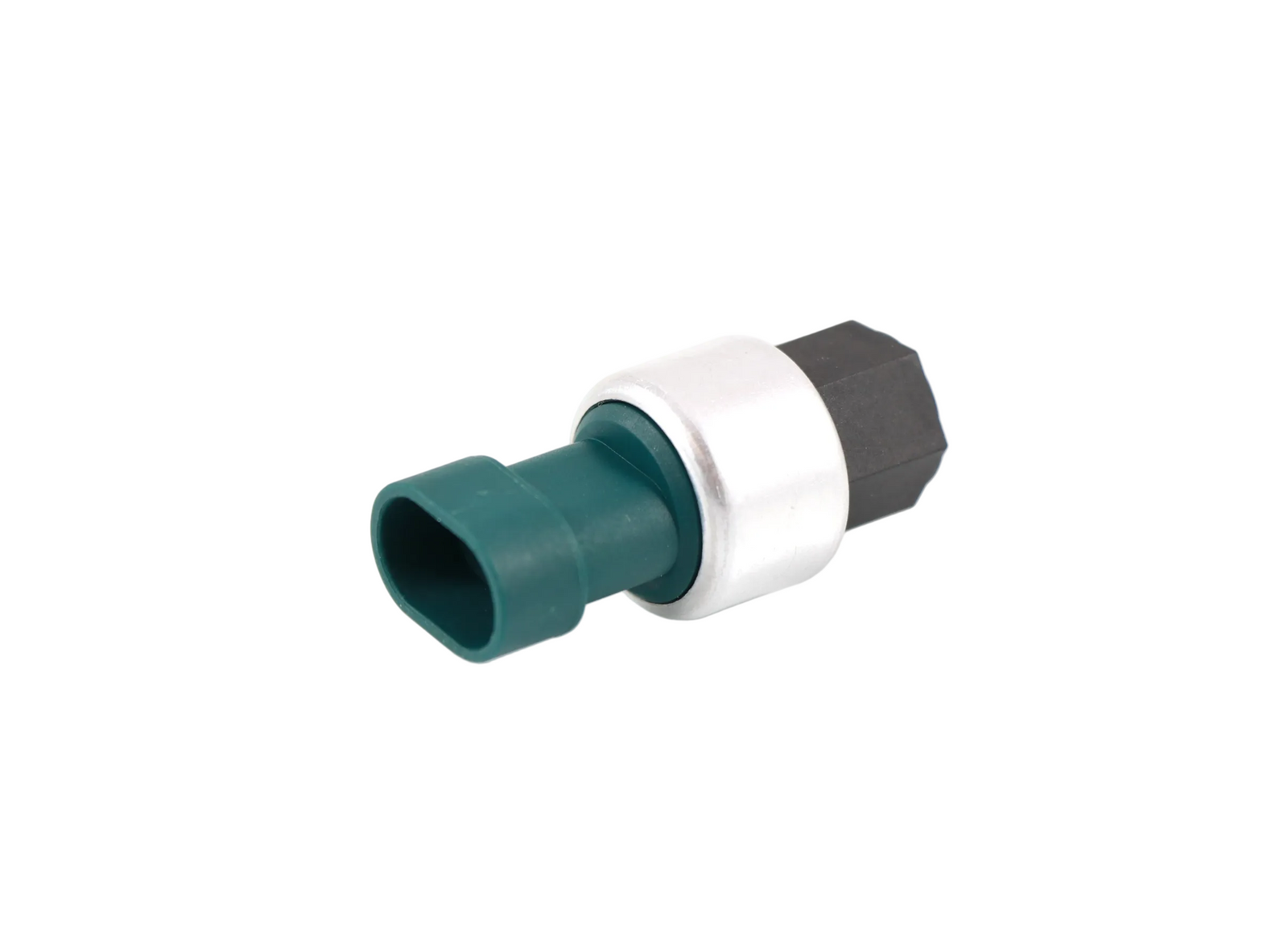 Advance Truck Parts USA B652578 Kenworth and Peterbilt low pressure AC switch showing a clean studio view of the green electrical connector, metal body, and threaded port on a plain white background