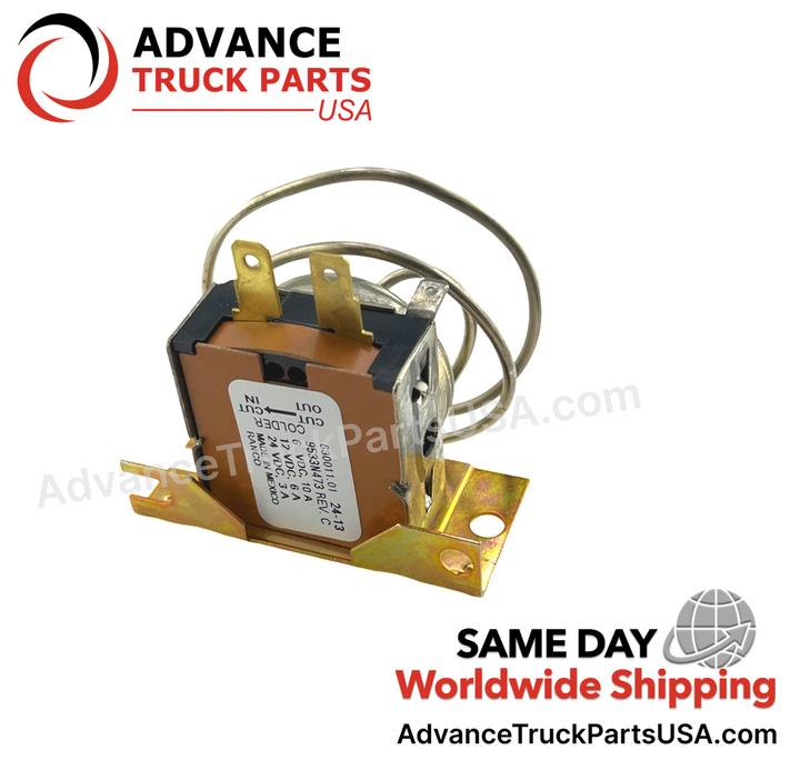 Advance Truck Parts USA BOA 80 946 00 109 Freightliner thermostat switch showing a clean studio view of the preset A/C switch housing, mounting bracket, electrical terminals, and capillary tube 