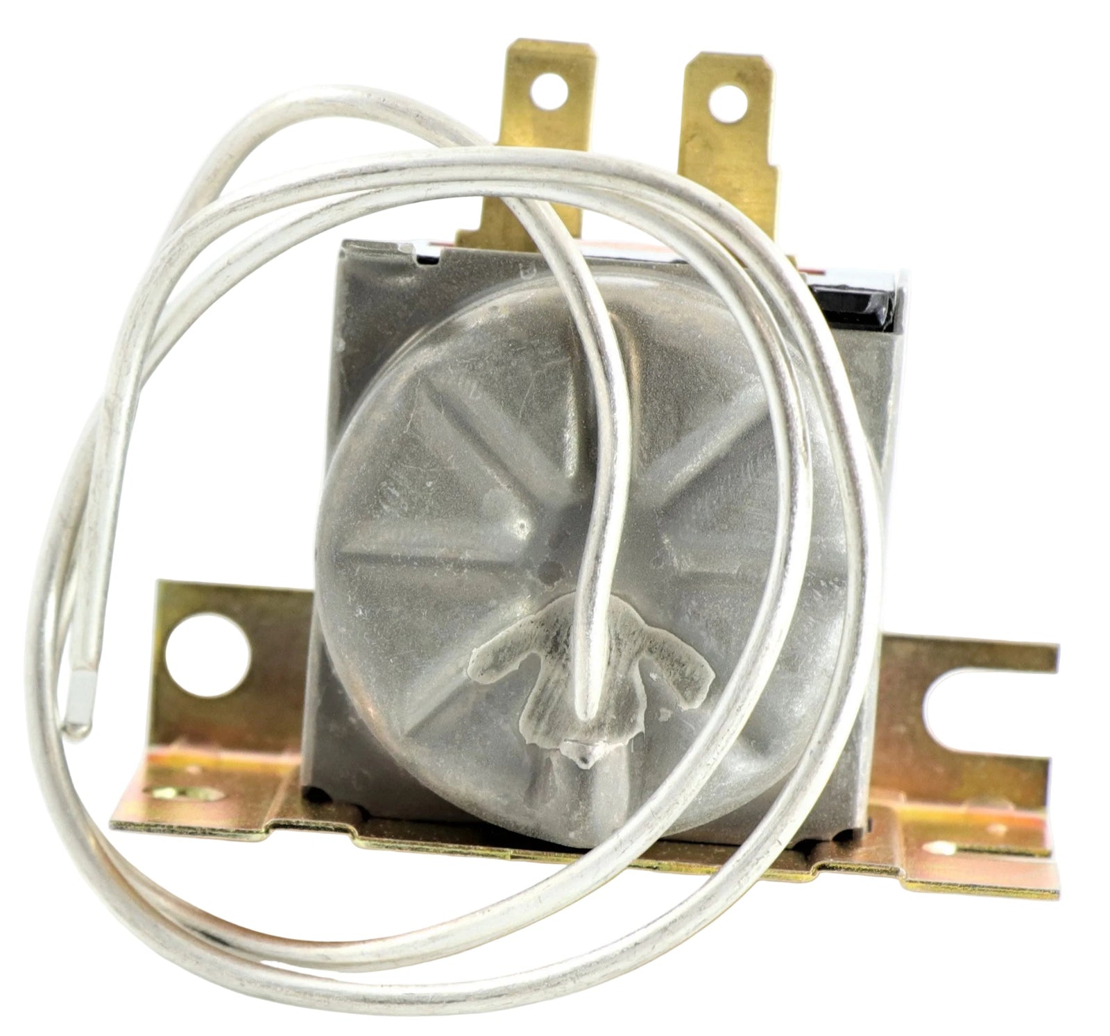 Advance Truck Parts USA BOA80-946-00-079 Freightliner thermostat switch showing a clean studio view of the metallic housing, mounting brackets, and coiled capillary tube 