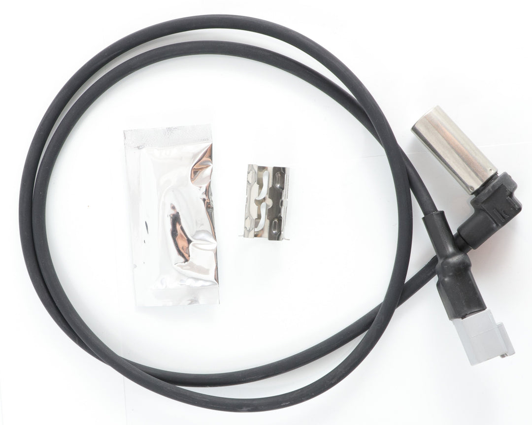 Advance Truck Parts USA Bendix BW-800717 right-angle anti-lock brake system speed sensor kit featuring 43-inch wire harness, 90-degree metal sensor probe, spring-steel retaining clip, and dielectric grease sachet