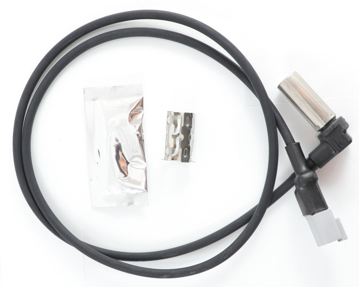 Advance Truck Parts USA Bendix BW-800717 right-angle anti-lock brake system speed sensor kit featuring 43-inch wire harness, 90-degree metal sensor probe, spring-steel retaining clip, and dielectric grease sachet