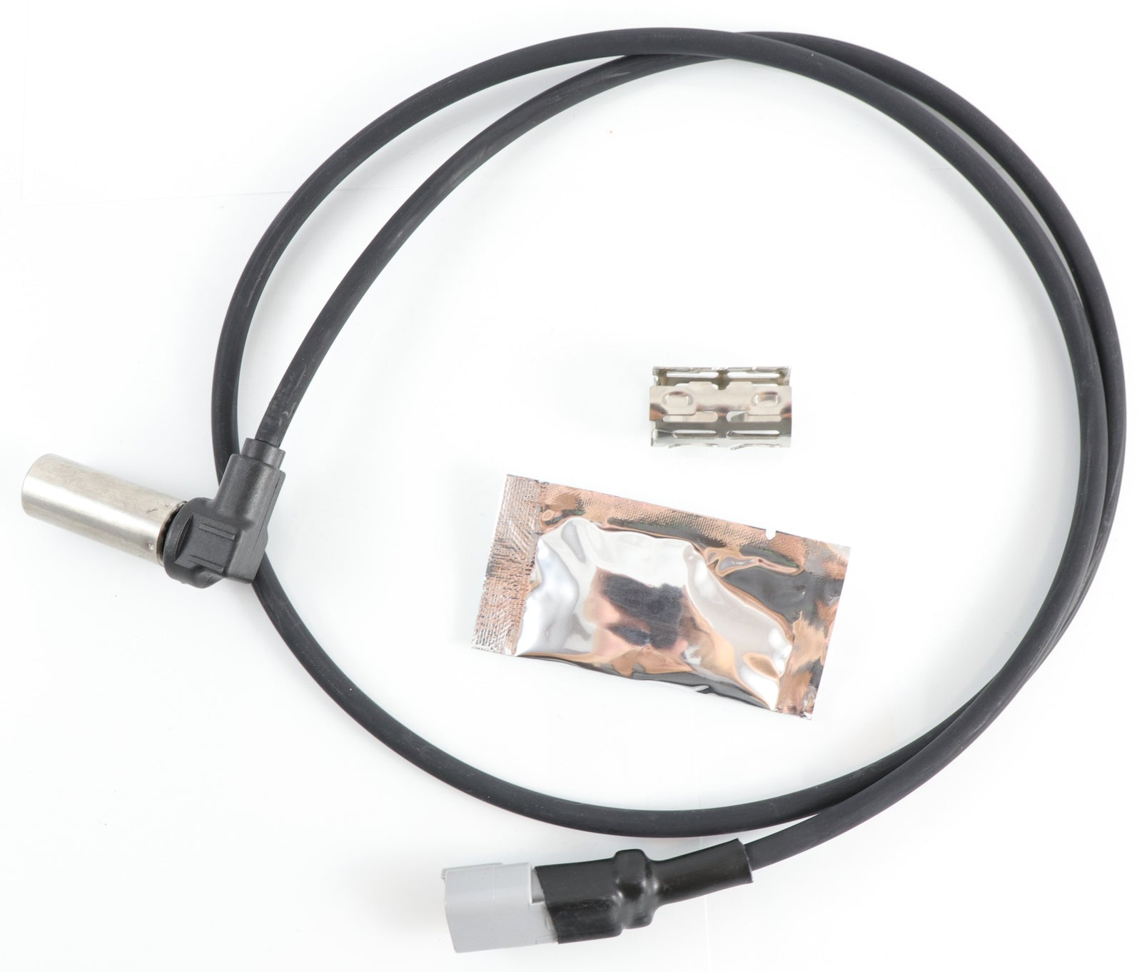 Advance Truck Parts USA Bendix right angle ABS sensor kit showing a clean studio view of the sensor probe, 43-inch cable, dielectric grease packet, and retaining clip