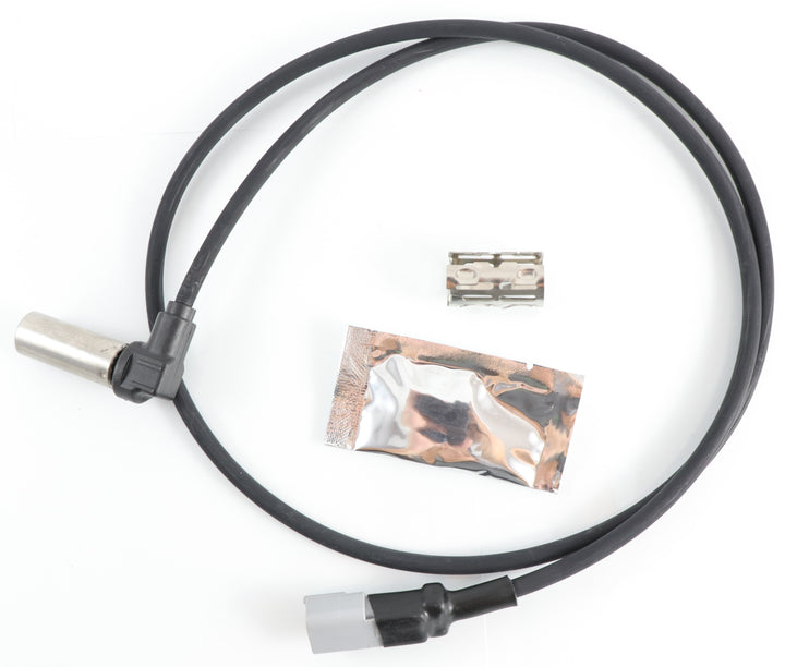 Advance Truck Parts USA Bendix right angle ABS sensor kit showing a clean studio view of the sensor probe, 43-inch cable, dielectric grease packet, and retaining clip